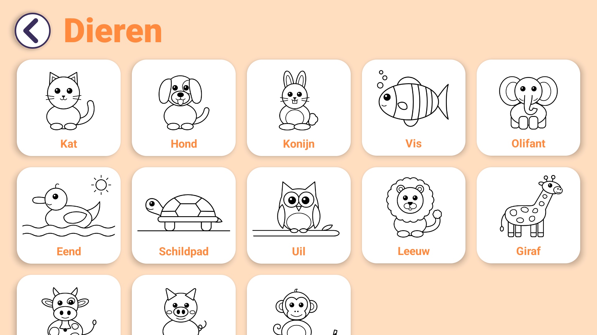 Overzicht met dierenkleurplaten